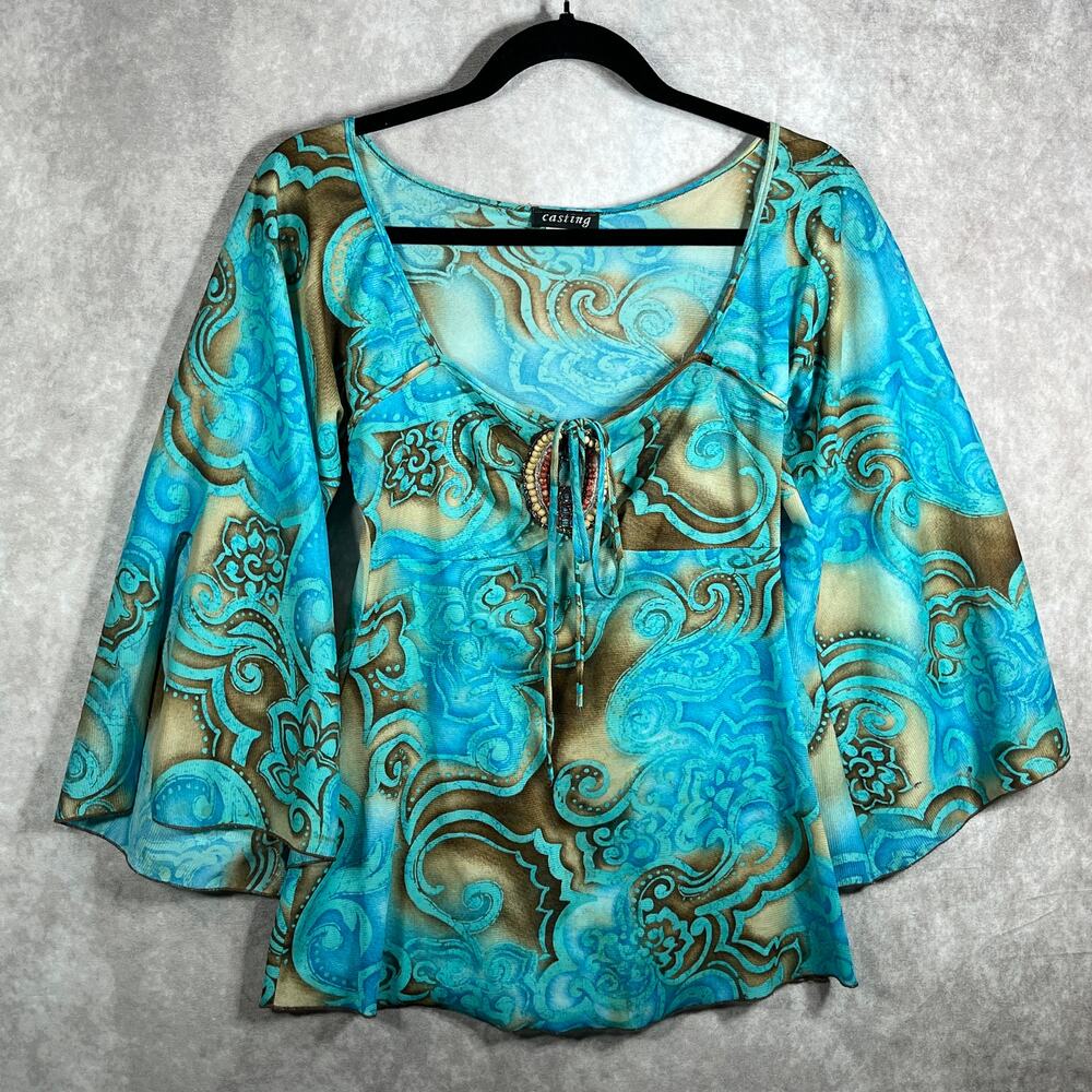 Casting Blouse Womens Medium Blue Brown Floral Mesh Beaded Scoop Neck Boho